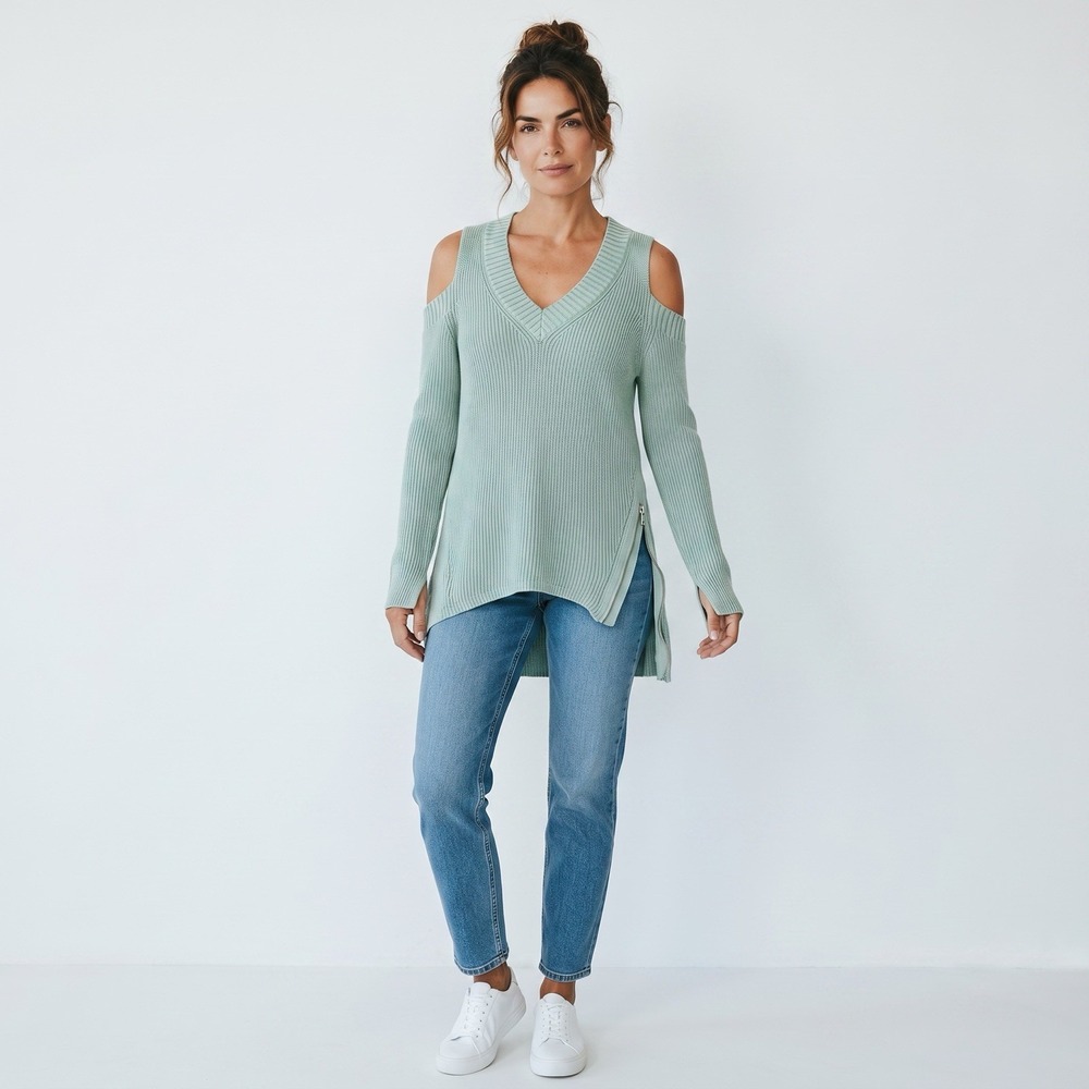 Rock & Republic Women's Green Rib Knit Sweater Shoulder Cutout Asymmetrical Zip